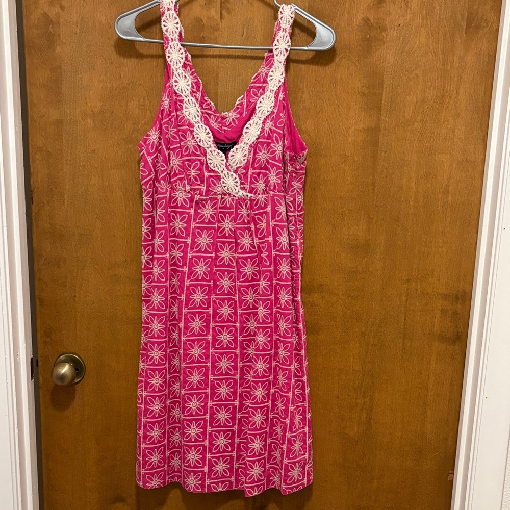 430. Lily Stanhope Women’s Hot Pink Midi Dress with Cream Lace Trim